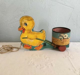 Vintage Fisher Price No.  6 Ducky Cart Pull Toy Wooden Litho Duck Pulling Rabbit