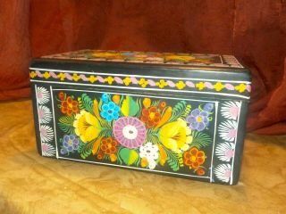 Wooden Box Folk Art Hand Painted Vintage Handiwork Handicraft Floral Flowers
