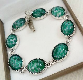 Vintage - 1950s CZECH Green Peking Marble Glass Small Oval Cabochon - Bracelet 2