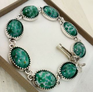 Vintage - 1950s CZECH Green Peking Marble Glass Small Oval Cabochon - Bracelet 3