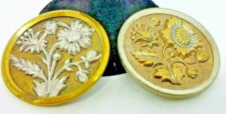 2 Large Antique Vtg Victorian Metal Picture Buttons Flowers 37mm