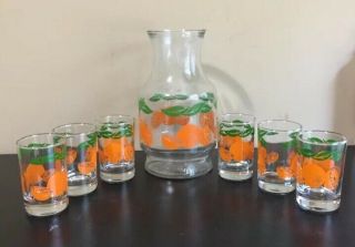 Vintage Anchor Hocking Leaf & Orange Juice Decanter Carafe W/ 6 Juice Glasses