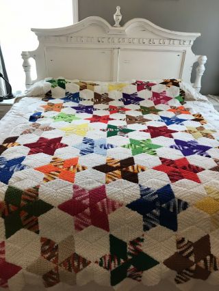 Vintage Handmade Crochet Granny Square Afghan Blanket Star Quilt 64”x98