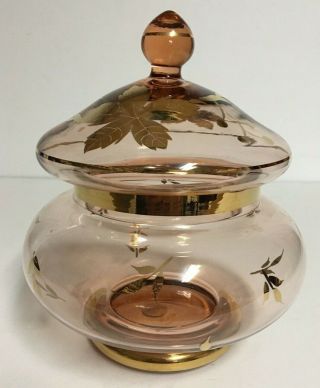 Vtg Pink (depression??) Glass Apothecary Jar Candy Dish /gold Leaves Roumania