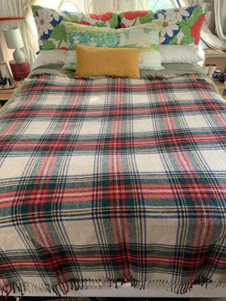 Vintage Blue Red Green Plaid Wool Blanket Throw Travel Rug Made Great Britain