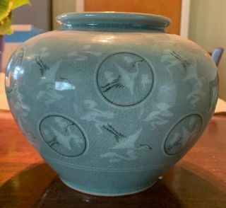 Vintage Korean Celadon Crane Green Glazed Ceramic Vase,  Signed,  Large Pot 2