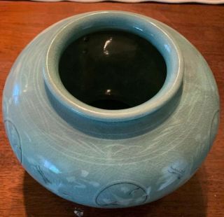 Vintage Korean Celadon Crane Green Glazed Ceramic Vase,  Signed,  Large Pot 3