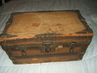 Antique Early 1900s Doll Trunk W/faux Paper Cover,  Metal Trim & Latches