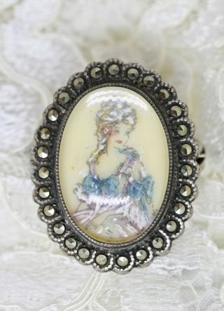 Vintage Art Deco Thomas L Mott Hand Painted Crinoline Lady Silver Brooch Tlm