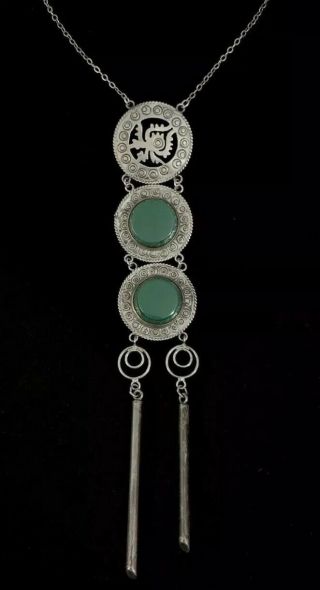 Vintage Mexico Sterling Silver Green Onyx Necklace Long Dangle Pendant Aztec
