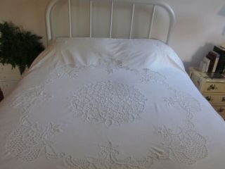 Vintage White Cotton Duvet Cover Battenburg Lace Inserts 87x70 Inches