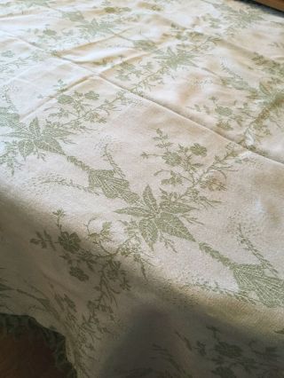 April Cornell Embroidered Knitted Cotton Tablecloth Floral Green Sage 94x54 Vtg.
