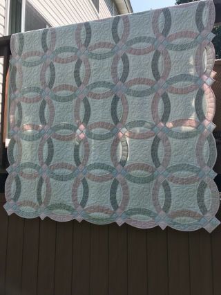 Vintage 1930’s Doble Wedding Ring Quilt Hand Quilted Stitched Twin Size Multicol 3