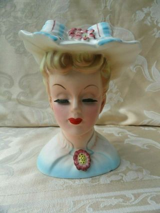 Vintage Head Vase Headvase 6 1/4 " High Leftons Blue Pink Outfit Hat Flower Pin