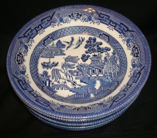 8 Vintage Churchill England Blue Willow Porcelain 8” Round Soup Salad Bowls Set