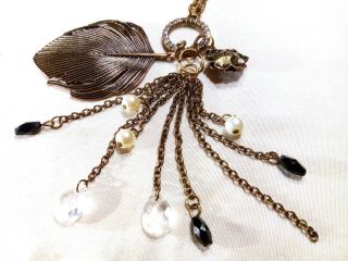 Vintage 1920s 28 " Sautoir Leaf Pendant Flapper Necklace W Rhinestone,  Faux Pearl