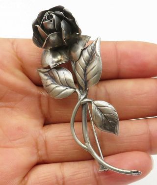 925 Sterling Silver - Vintage Sculpted Rose Flower Motif Brooch Pin - Bp3073