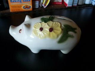Vintage Piggy Bank 6 " X 3 - 1/4 " Embossed Flowers Must Break To Open Light Crazing