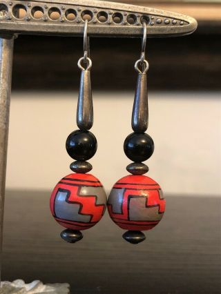 Vintage Native American Painted Bead Onyx Ball Sterling Silver Red Earrings 8 G