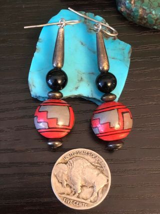vintage Native American painted Bead onyx Ball Sterling Silver Red Earrings 8 G 4