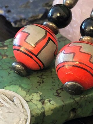 vintage Native American painted Bead onyx Ball Sterling Silver Red Earrings 8 G 7