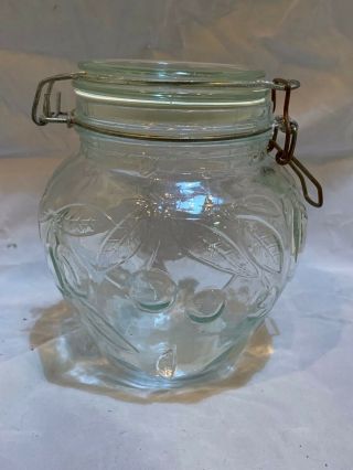 Vintage Heavy Glass Jar Embossed Fruit Wire Bale Storage Canister