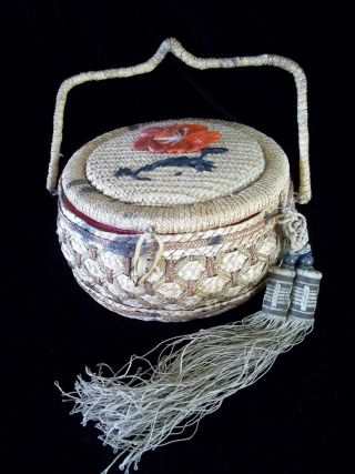 Vintage Asian Chinese Sewing Basket With Old Antique Tassel