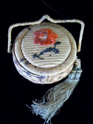 Vintage Asian Chinese Sewing Basket with Old Antique Tassel 2