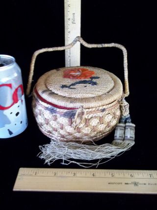 Vintage Asian Chinese Sewing Basket with Old Antique Tassel 3