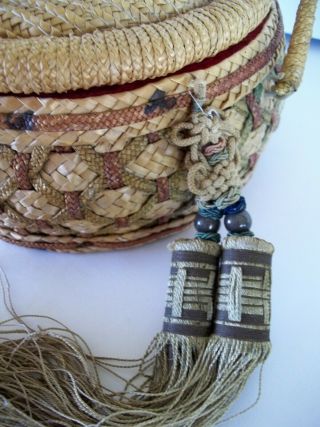 Vintage Asian Chinese Sewing Basket with Old Antique Tassel 5