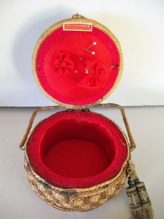 Vintage Asian Chinese Sewing Basket with Old Antique Tassel 7