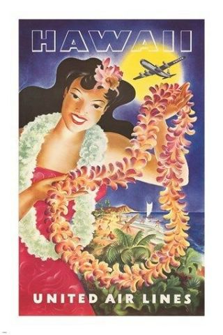 Hawaiian Vintage Travel Poster United Air Lines Flowers Traditional 24x36