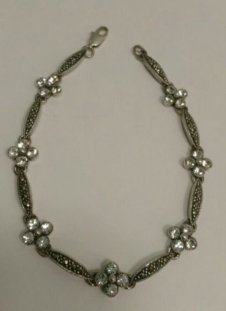 Vintage Sterling Silver Crystal & Marcasite Art Deco Tennis Bracelet 7.  5 " Long