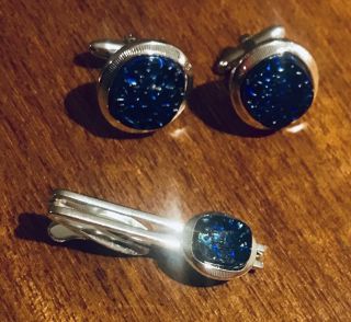 Vintage Hickock Mid - Century Blue Iridescent And Silver Tone Cufflinks & Tie Bar