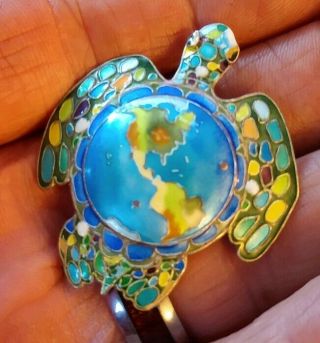 Vintage Sterling Silver Enamel Turtle Tortoise Brooch Pin Pendant World Globe 2