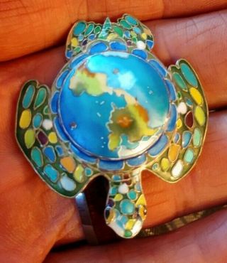 Vintage Sterling Silver Enamel Turtle Tortoise Brooch Pin Pendant World Globe 3
