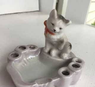 Vintage Lusterware Ashtray Cigarette Holder With Cat Figurine Made In Japan