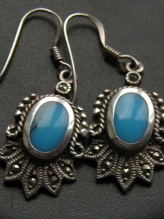 Vintage Sterling Silver Turquoise & Marcasite Drop Earrings Hook Through