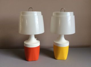 Two Vintage Camping Lights 100 Portable Table Lamp Rayovac Red Yellow