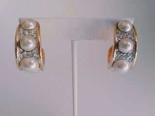Nolan Miller Breathtaking Vtg Sim.  Pearl & Diamond Hoop Earrings - W/ Box