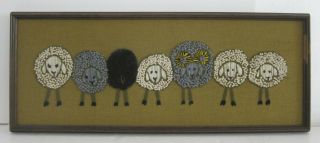 Mid Century Kitsch Sheep Handmade Vtg Crewel Yarn Embroidery Panel Framed 13x33