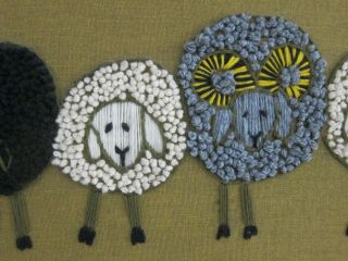 Mid Century Kitsch Sheep Handmade VTG Crewel Yarn Embroidery Panel Framed 13x33 3