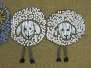 Mid Century Kitsch Sheep Handmade VTG Crewel Yarn Embroidery Panel Framed 13x33 4