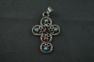 Vintage Sterling Silver Cross Pendant W Turquoise Coral & Purple Stones - 11g