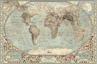 Vintage World Map With Flags Large Maxi Poster Art Print 91x61 Cm