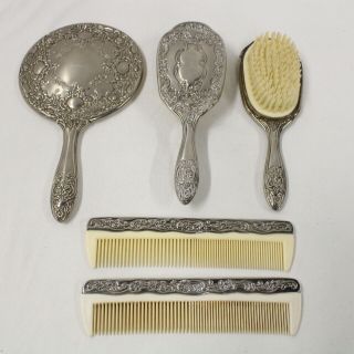 Vintage 5 - Piece Comb Brush & Mirror Set With Silver - Coloured Metal Handles 405