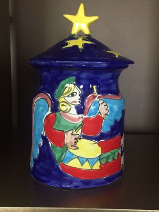 Rare Vintage Italy La Musa Art Pottery Ceramic Cookie Jar Angel & Stars Mcm