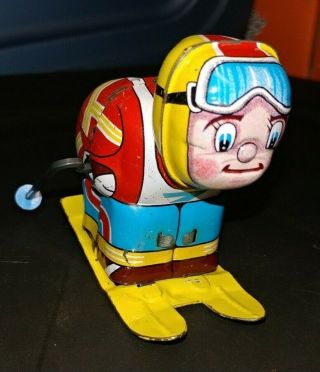 Vintage Acrobatic Racing Snow Skier Wind - Up Flipping Tin Litho Toy By Hiro Japan