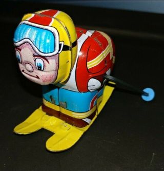 Vintage Acrobatic Racing Snow Skier wind - up flipping tin litho toy by HIRO Japan 3