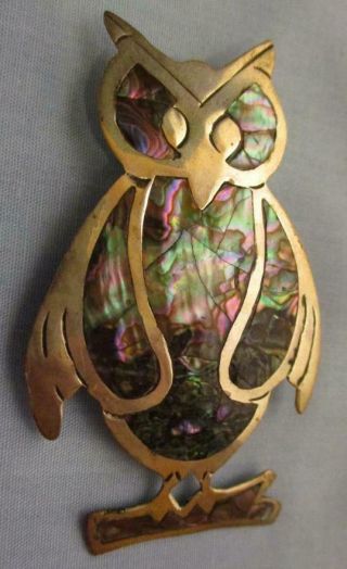 Vtg Sterling Silver Taxco Signed Owl Pin Brooch Pendant Abalone Inlay On Branch